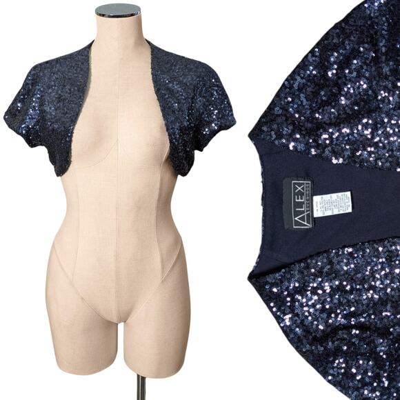 ALEX Evening Evening  Blue Sparkly Sequins Cropped Cardigan Shrug Top Shirt XS S - Picture 1 of 2